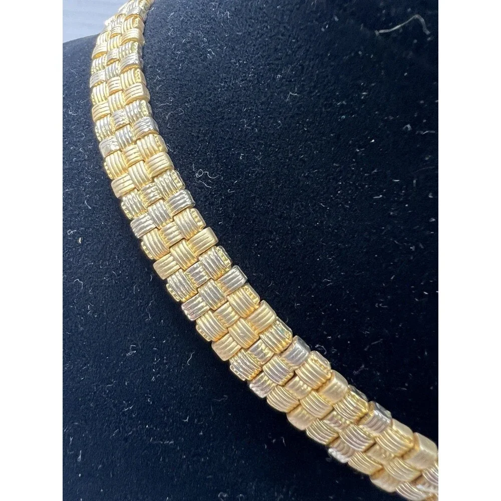 Gold Tone Flat Textured Necklace 15”Costume Jewelry Basketweave Choker Lie Flat